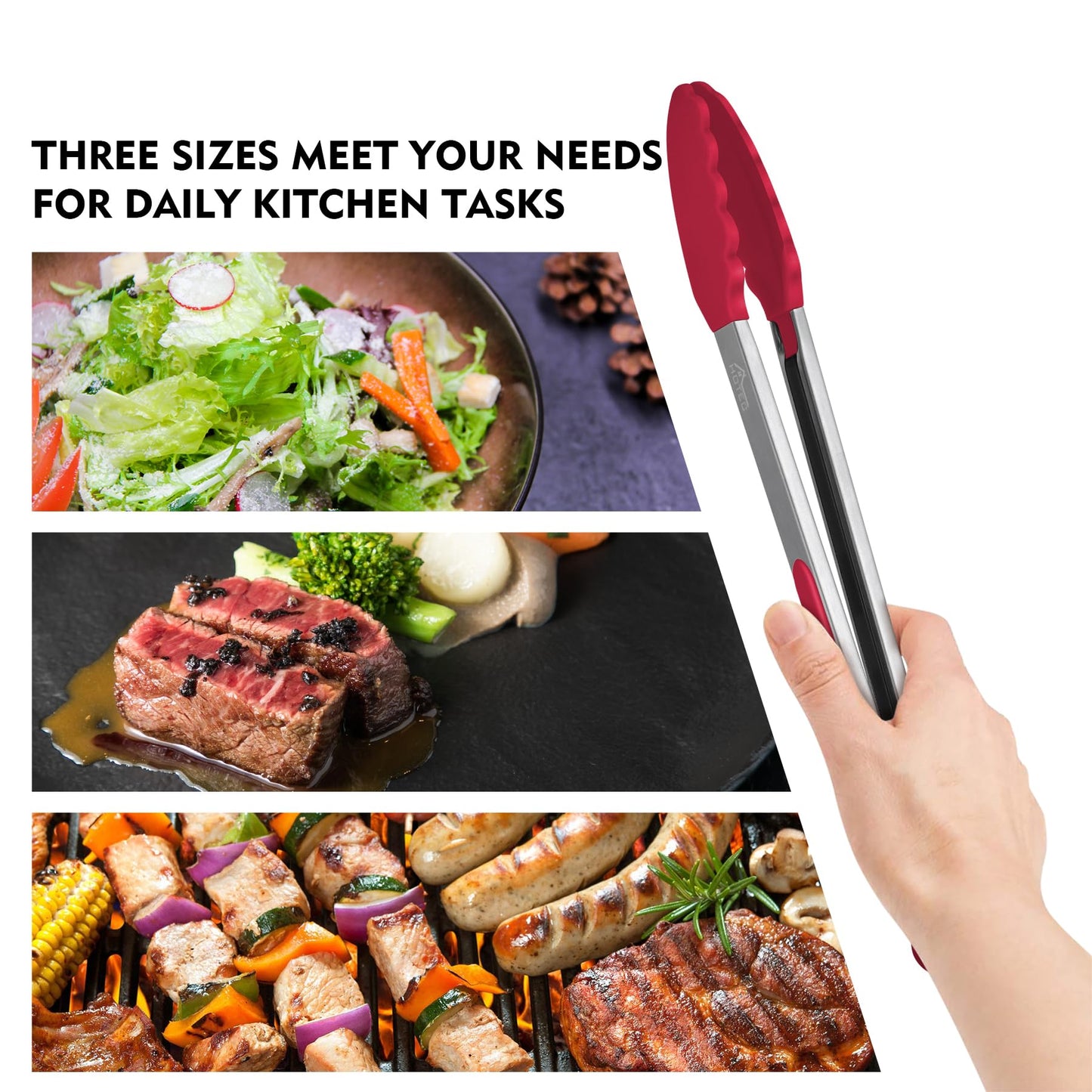 HOTEC Premium Stainless Steel Locking Kitchen Tongs with Silicon Tips, Set of 3-7", 9" and 12" (Red)