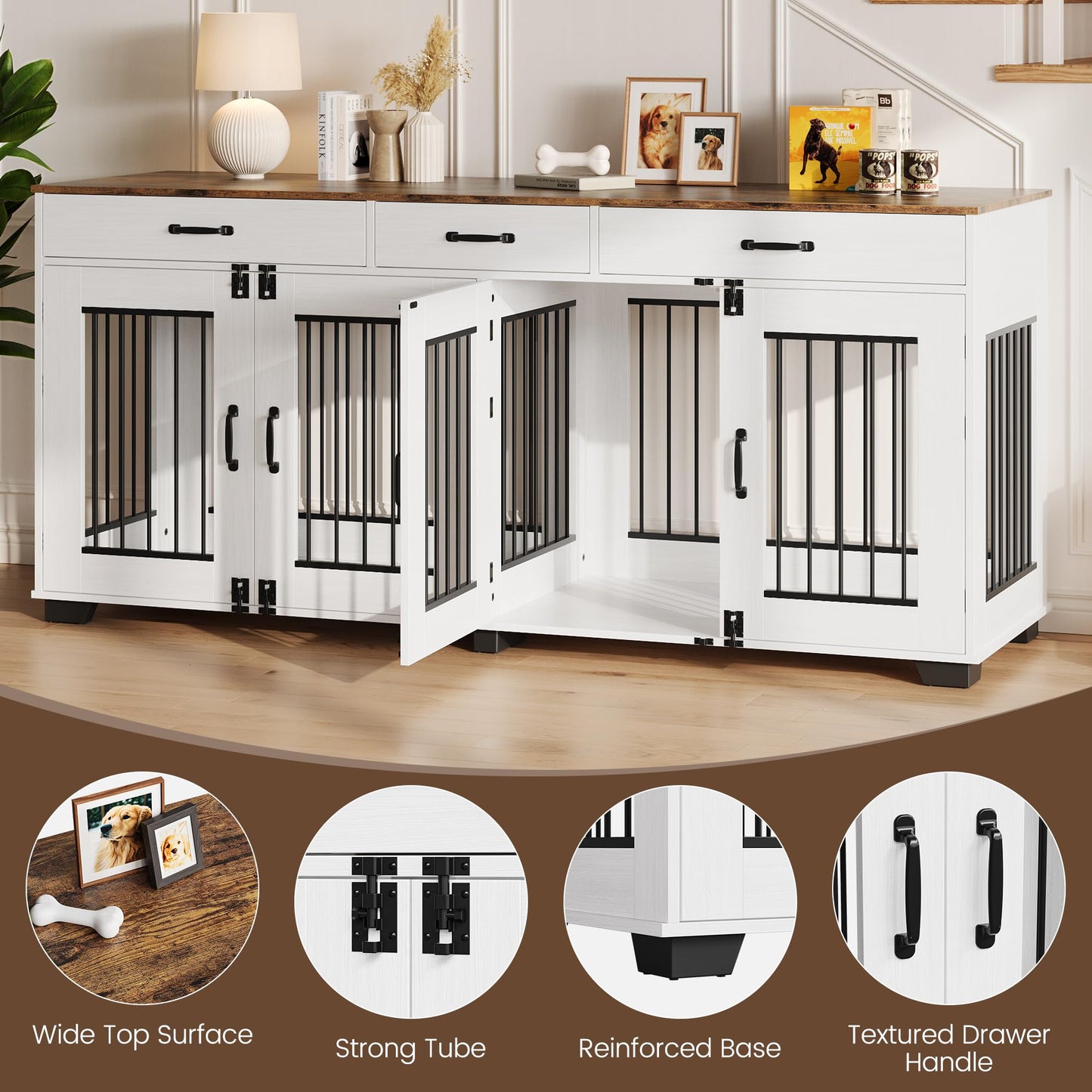 Garvee 71" Dog Crate Furniture for 2 Dogs, Heavy Duty Indoor Dog Kennel TV Stand, XL Wooden Dog Cage with Divider for Medium Large Dogs, End Table Dog Crate