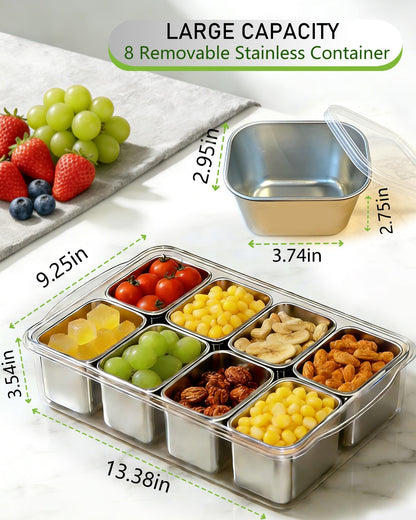 kidinit Snackle Box Container, Stainless Steel Divided Serving Tray with Lid and Handle, Large Snack Tray for Fruit Veggie Candy, 8-Compartment Snack Platter for Travel Party Beach Picnic