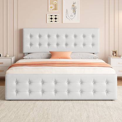 IDEALHOUSE King Size Bed Frame with 4 Storage Drawers and Headboard, Faux Leather Upholstered Platform Bed Frame with Wooden Slats Support, Button Tufted Design, No Box Spring Needed, White