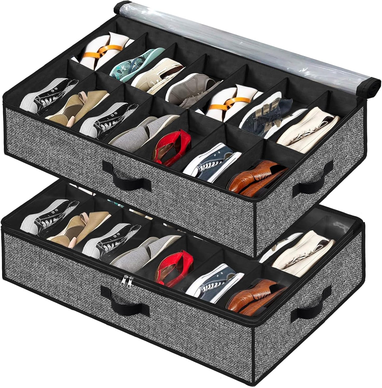 Under Bed Shoe Storage Organizer, 2 Pack Fits 32 Pairs, Clear Window, Foldable Shoe Rack Holder, Black