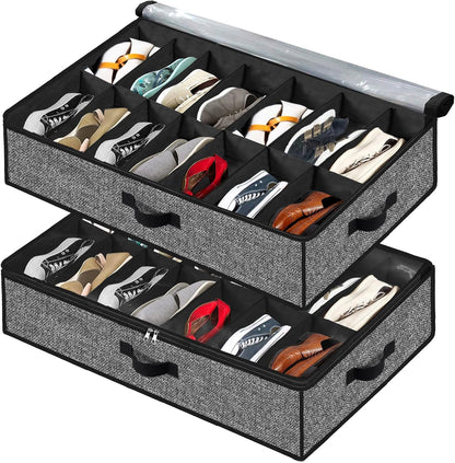Under Bed Shoe Storage Organizer, 2 Pack Fits 32 Pairs, Clear Window, Foldable Shoe Rack Holder, Black
