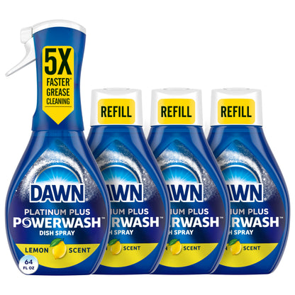 Dawn Powerwash Spray, Dish Soap, Dishwashing Liquid, Cleaning Supplies, Lemon, 1 Starter Kit + 3 Refills, 4 Units of 16oz (64oz)