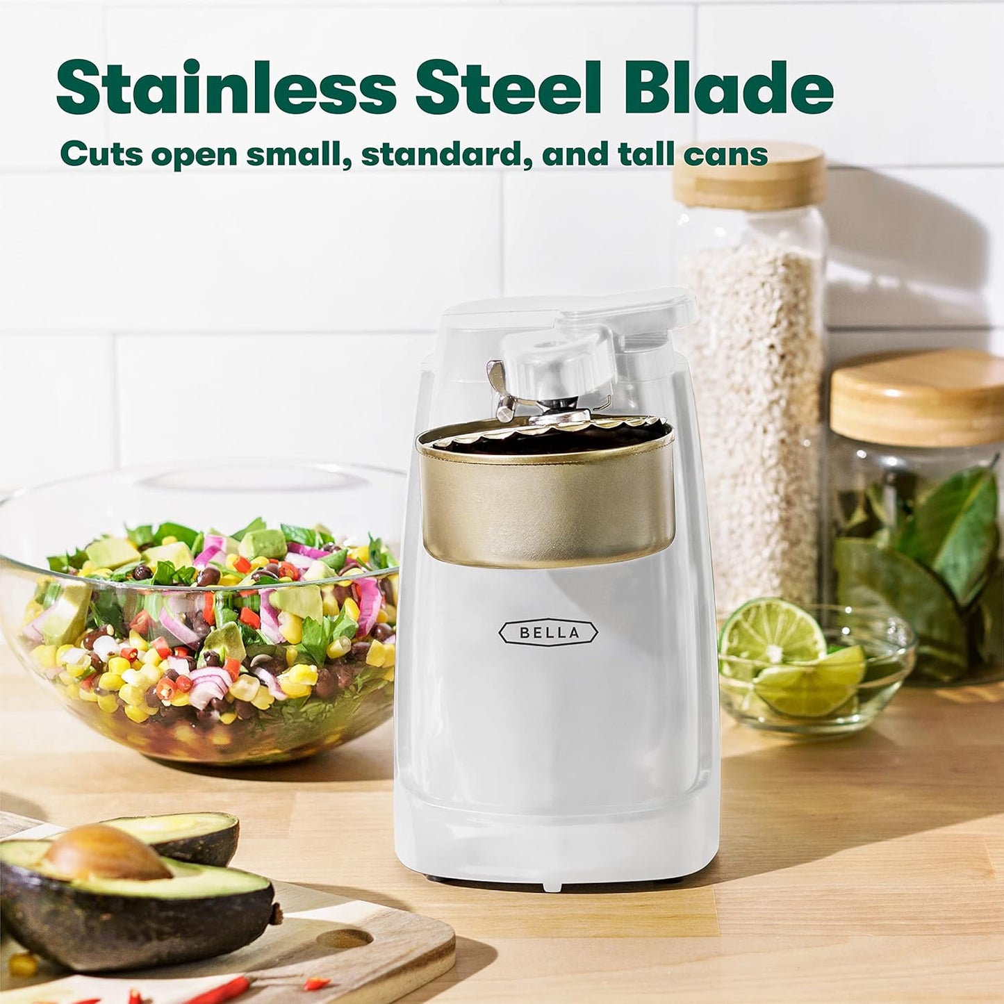 BELLA Electric Can Opener and Knife Sharpener, Multifunctional Jar and Bottle Opener with Stainless Steel Blade, White