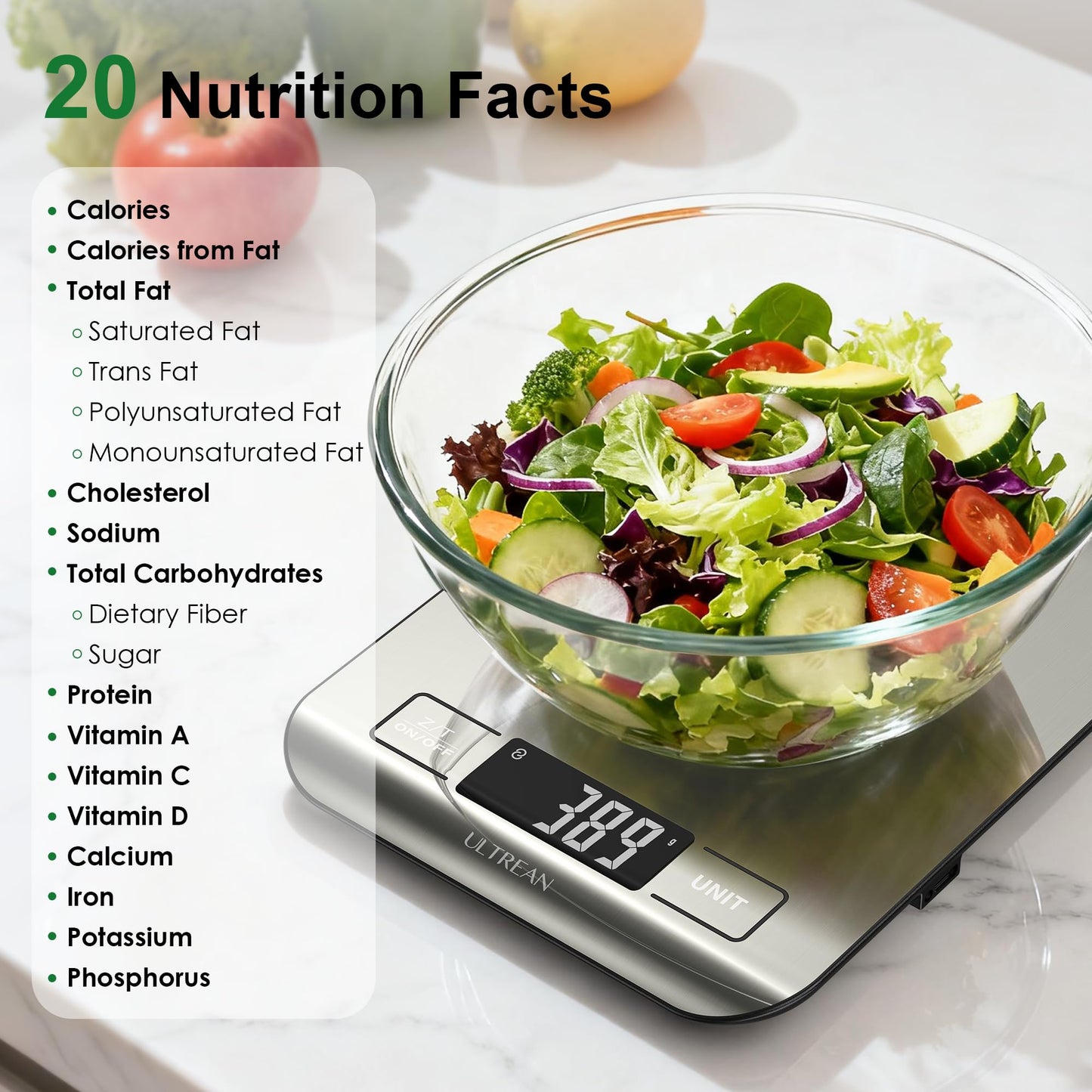 Ultrean Smart Food Kitchen Scale with Nutritional Calculator, App for Macro & Calorie Tracking, AI Scan, Digital Grams and Ounces for Weight Loss, Rechargeable, Stainless Steel, 33lb /15kg