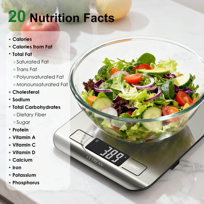 Ultrean Smart Food Kitchen Scale with Nutritional Calculator, App for Macro & Calorie Tracking, AI Scan, Digital Grams and Ounces for Weight Loss, Rechargeable, Stainless Steel, 33lb /15kg