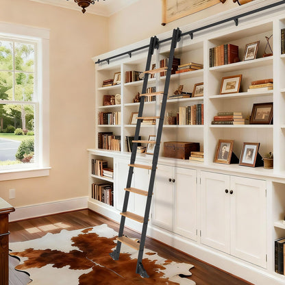 LKCBITION 108inch Carbon Steel Ladder with Oak Steps, Includes 4ft Telescoping Top Rollers & Bottom Brake Wheels Sliding Hardware, Rolling Library Ladder for Loft, Attic, Bookshelf