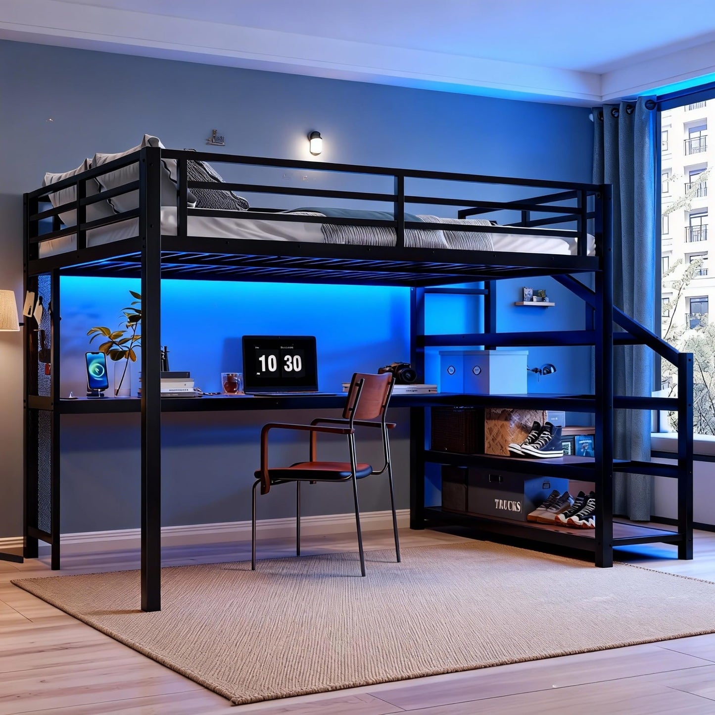 Queen Size Loft Bed with Desk and Storage Stairs, Metal Loft Bed Frame with LED Lights, Charging Station, and Multi-function Iron Nets, Loftbed for Kids, Teens, Adults, Noise-free, Black and Wood