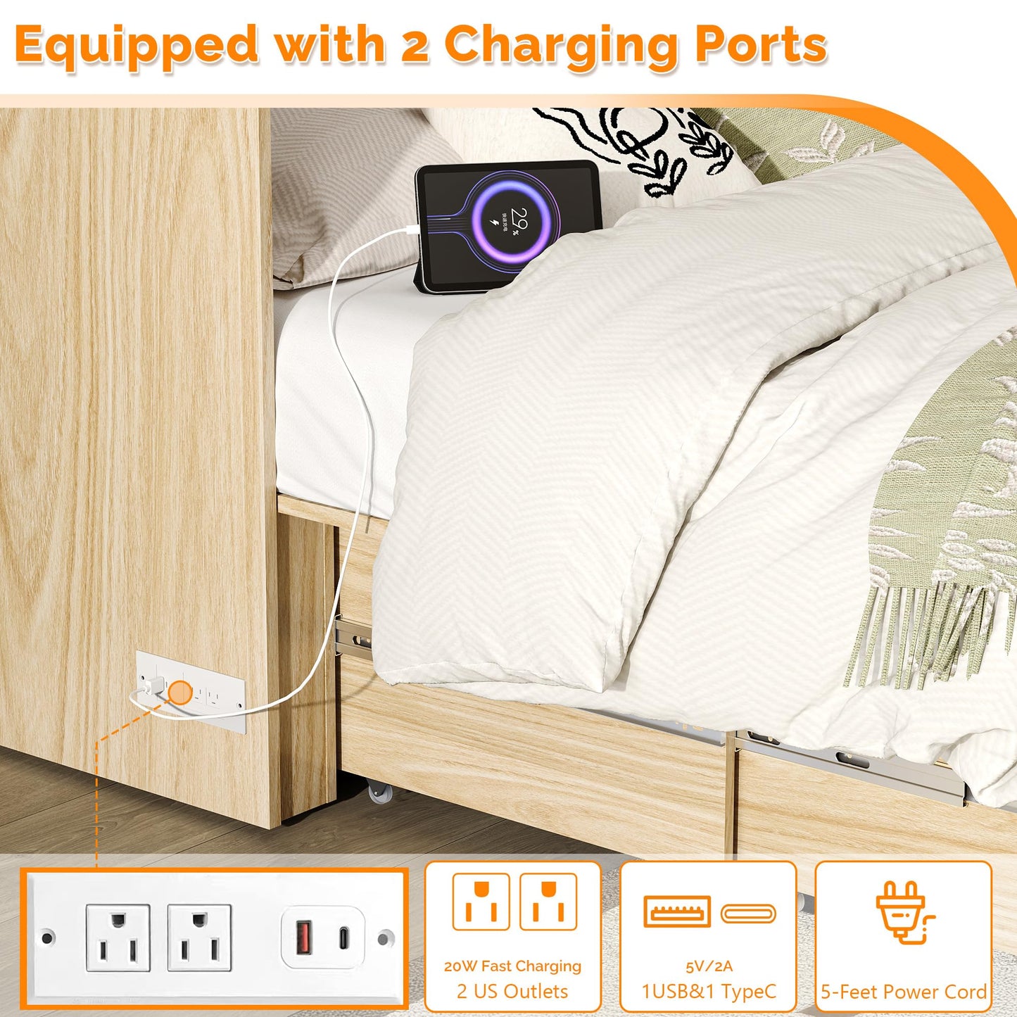 VINGLI Full Size Rattan Murphy Bed with Storage Drawer,2 Charging Station, Boho,Hideaway Paltform Panel Bed for Small Spaces,Guest Room,Office,Apartment, Space-Saving Cabinet Bed,Oak White