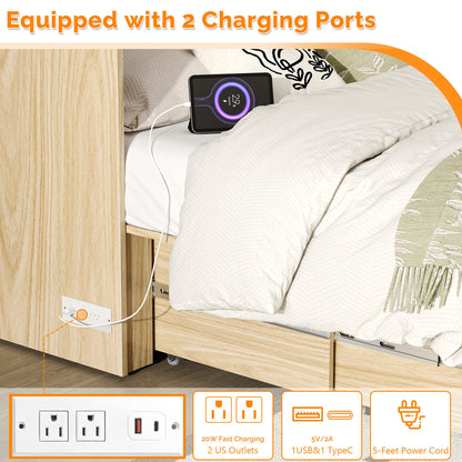 VINGLI Full Size Rattan Murphy Bed with Storage Drawer,2 Charging Station, Boho,Hideaway Paltform Panel Bed for Small Spaces,Guest Room,Office,Apartment, Space-Saving Cabinet Bed,Oak White