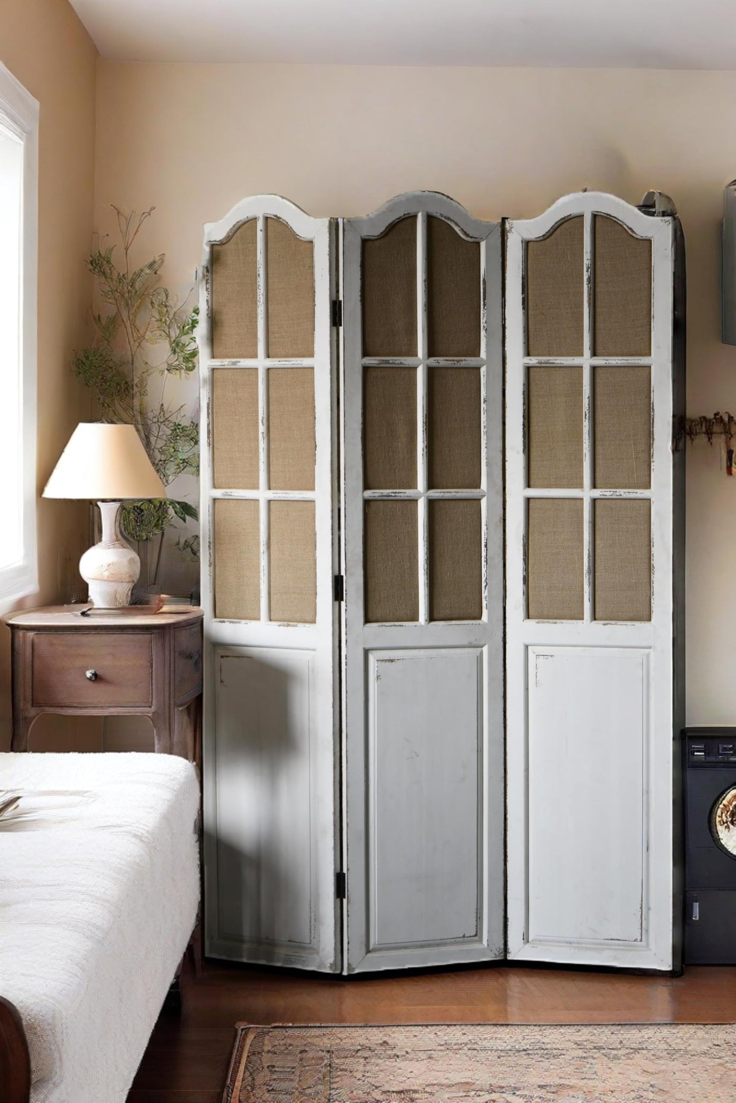 Solid Wooden 3 Panel Room Dividers and Folding Privacy Screens, Handcrafted Rustic 6Ft Tall Room Divider Wall, Wood&Linen Unique Freestanding Room Partition White, Privacy Panel for Bedroom Outdoor