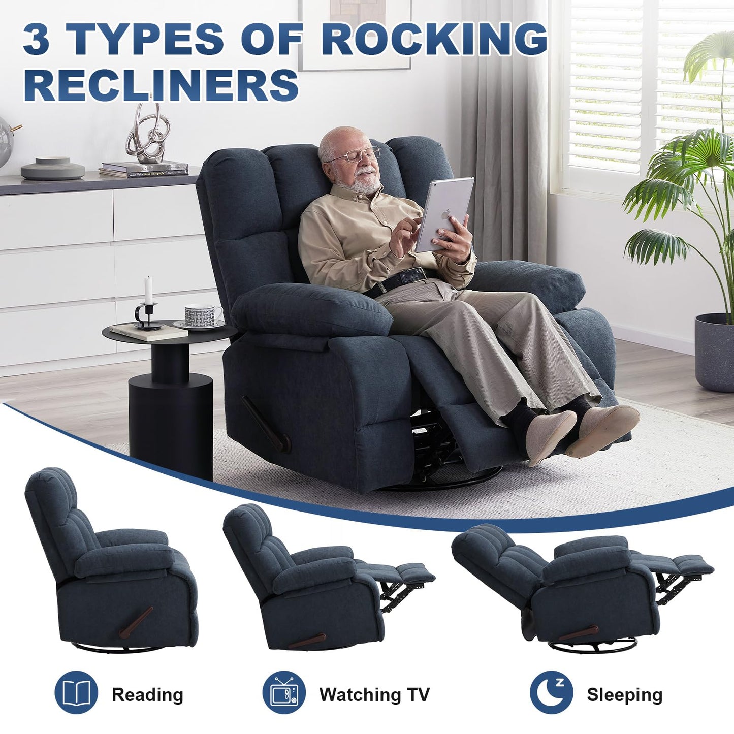 Eiayeebil Oversized Recliner Chair Set of 2, 360° Swivel Rocker Recliner for Big Man, Extra Wide Manual Recliner, Overstuffed Soft Rocking Sofa Chair for Living Room(Grey)