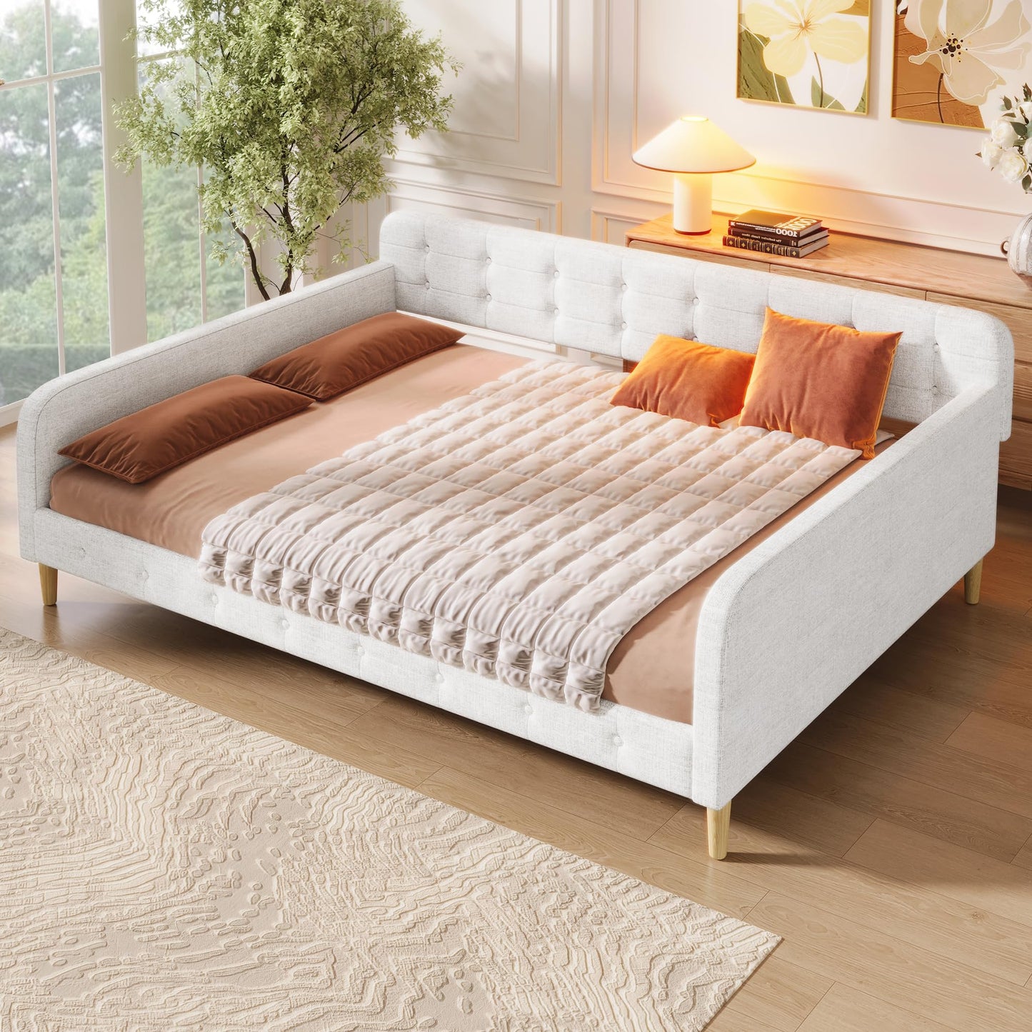 Merax 85" Queen Size Linen Upholstered Daybed with 4 Support Legs,Beige