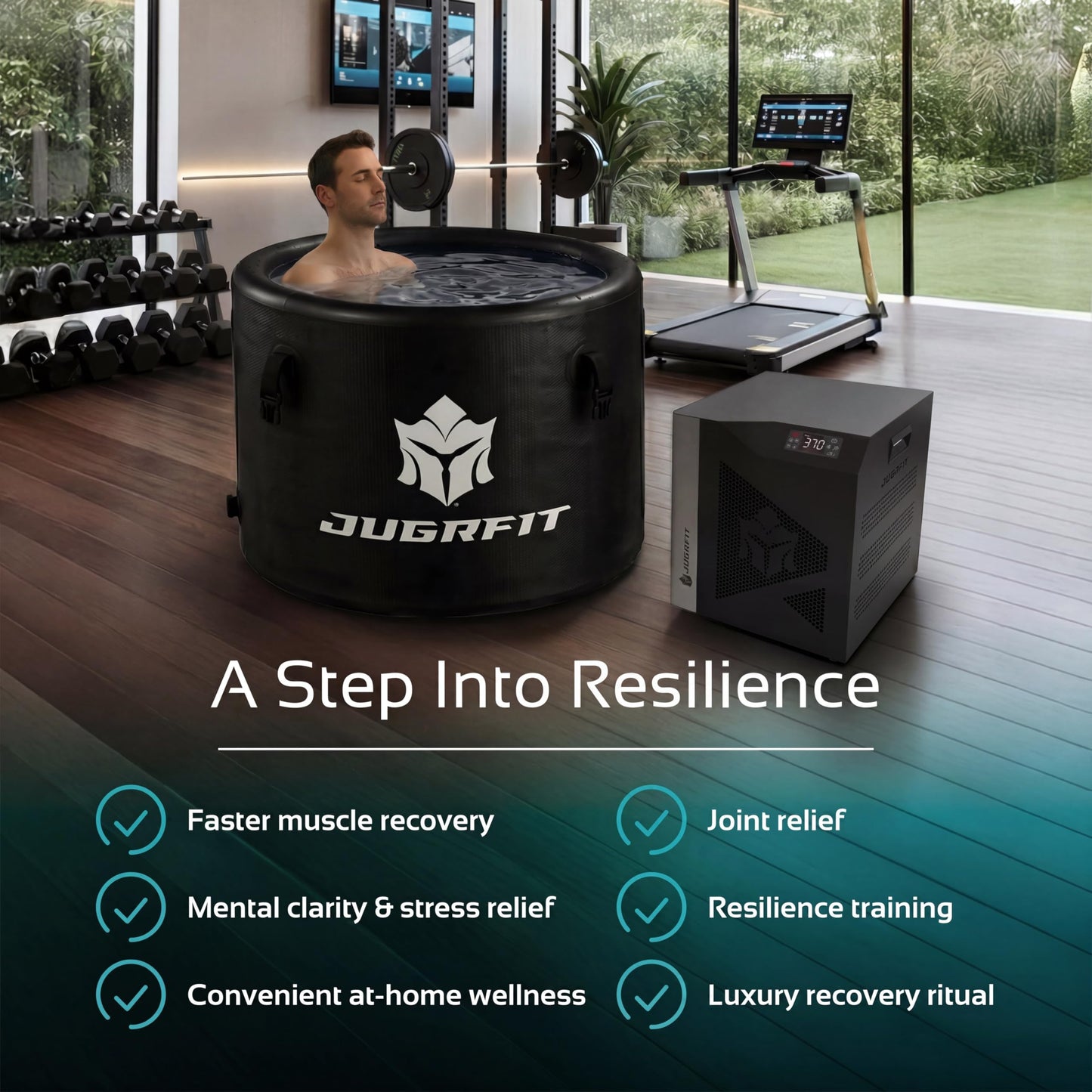 JUGRFIT 108-Gallon Barrel Pro-Grade Cold Plunge Tub with Water Chiller – Ice-Free At-Home Recovery, Built-in Filtration, Weatherproof & Durable
