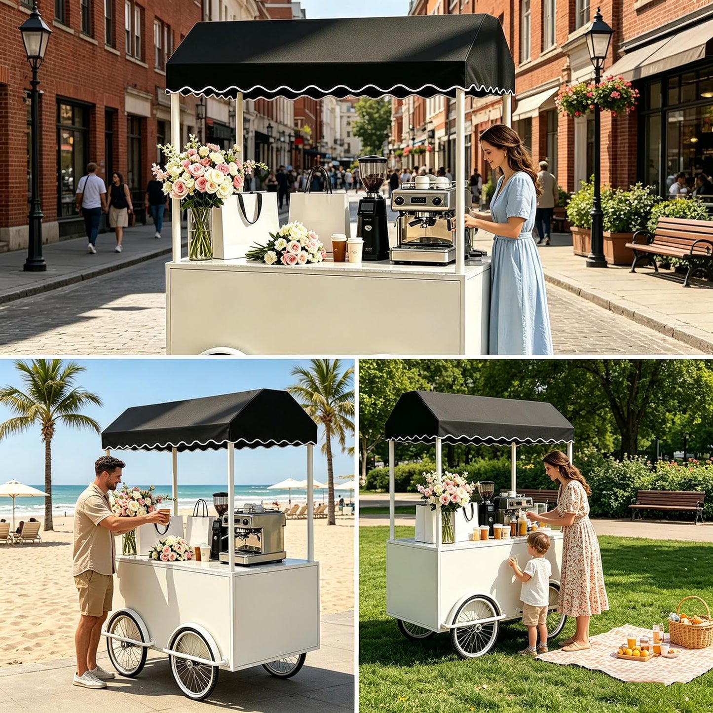 FUNEWBO Beverage & Coffee Service Cart with Scalloped Awning,Wheeled Display Trolley,Mobile Serving Station for Events,Cafes & Small Business(63 * 27.5 * 78.7in, White)