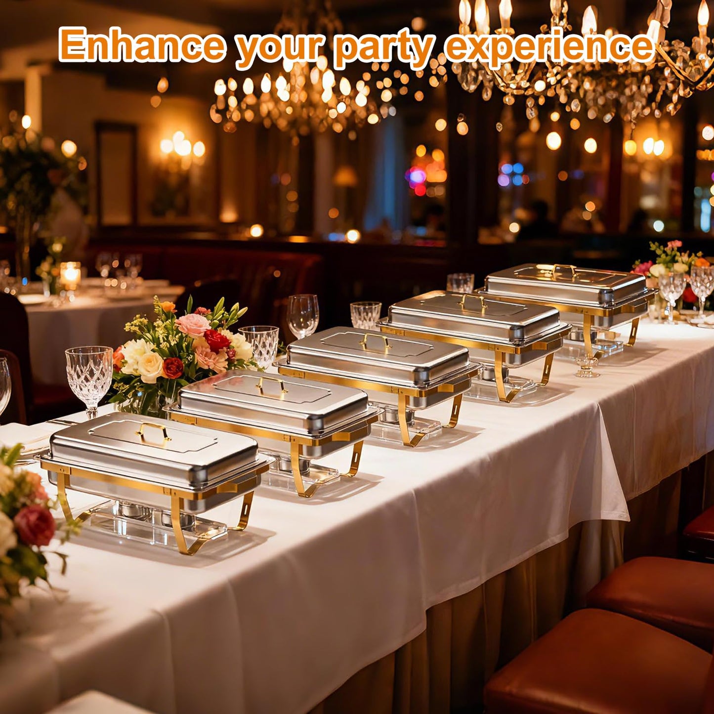 ZLMTZDJD 4 Pack 9 Qt Chafing Dishes Buffet Set - Gold Stainless Steel Food Warmers with 12 Serving Utensils (Tongs, Ladles, Spoons) for BBQ, Parties, Catering, Weddings, Events