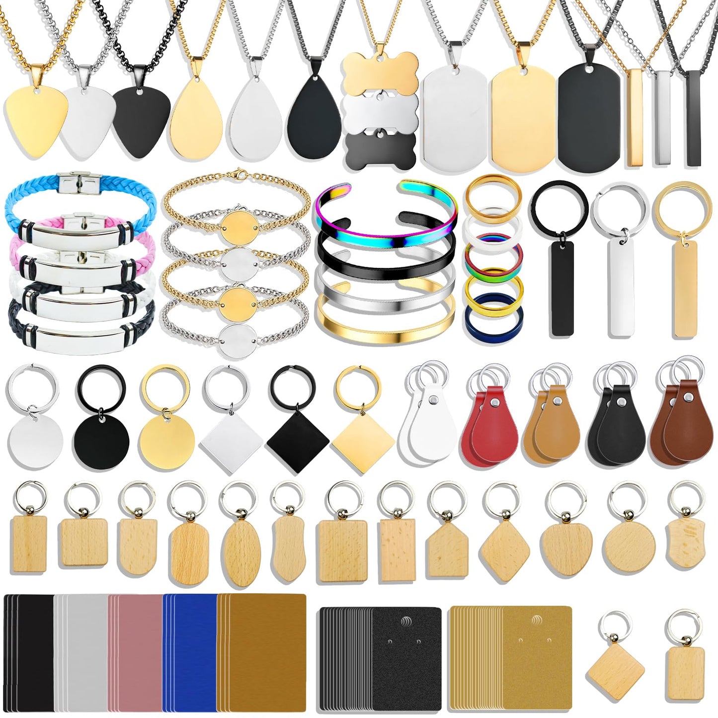 MUXERAN 168 Pcs Laser Engraving Materials bulk Include 66 Pcs Laser Engraving Supplies Include Necklace Bracelet Ring Keychain For Laser Engraver DIY Crafting Supplies