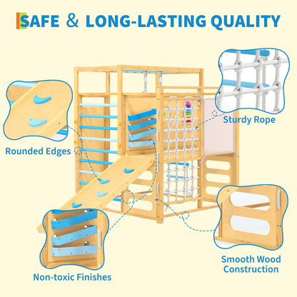 Garvee 9-in-1 Indoor Jungle Gym, Montessori Wooden Indoor Playground for Kids 2-8, Wooden Climbing Structure with Slide, Monkey Bars, Rope Ladder, Rock Wall, Climbing Net, Rings - Natural Wood Blue