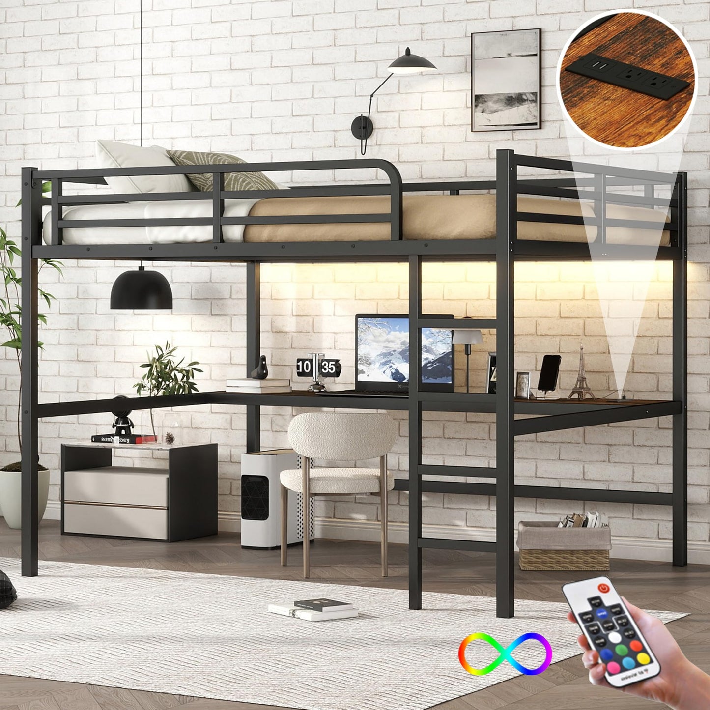 KEIKI Metal Queen Size Loft Bed with Power Outlet and LED Lighted, Space-Saving, Noise Reduced, Black