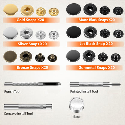 Alritz 120 Set Leather Snap Fasteners Kit, 12.5mm Metal Button Snaps Press Studs with 4 Setter Tools, 6 Colors Leather Snaps for Clothes, Jackets, Jeans Wears, Bracelets, Bags