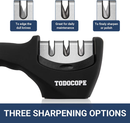Premium Chef Knife Sharpener, Professional Kitchen 3 Slot Manual Knife Sharpener Kit, Black