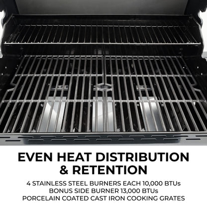 Kenmore 4-Burner Gas Grill with Side Burner, Outdoor BBQ Grill, Propane Gas Grill, Cast Iron Cooking Grates, Electronic Ignition, Warming Rack, Open Cart Design, 53000 BTUs, Stainless Steel