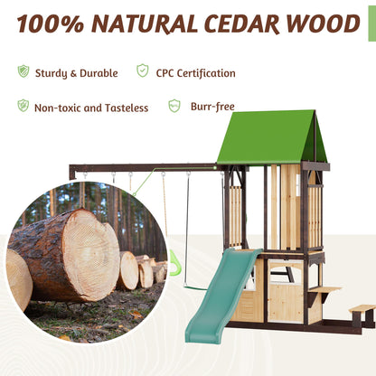 HOMMOW Wooden Swing Set with Wave Slide, Clubhouse, Playhouse, Snack Bar Window, Picnic Table and Chair, 2 Belt Swings, Trapeze, Full Front Door, Windows, Step Ladder, for Backyard
