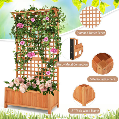 CHEFJOY Wooden Planter Box with Trellis, 72.5” Freestanding Garden Planter w/Hanging Roof, 4 Drainage Holes & Lattice Panel, Raised Garden Bed with Trellis for Vine Climbing Plants Flowers (2)