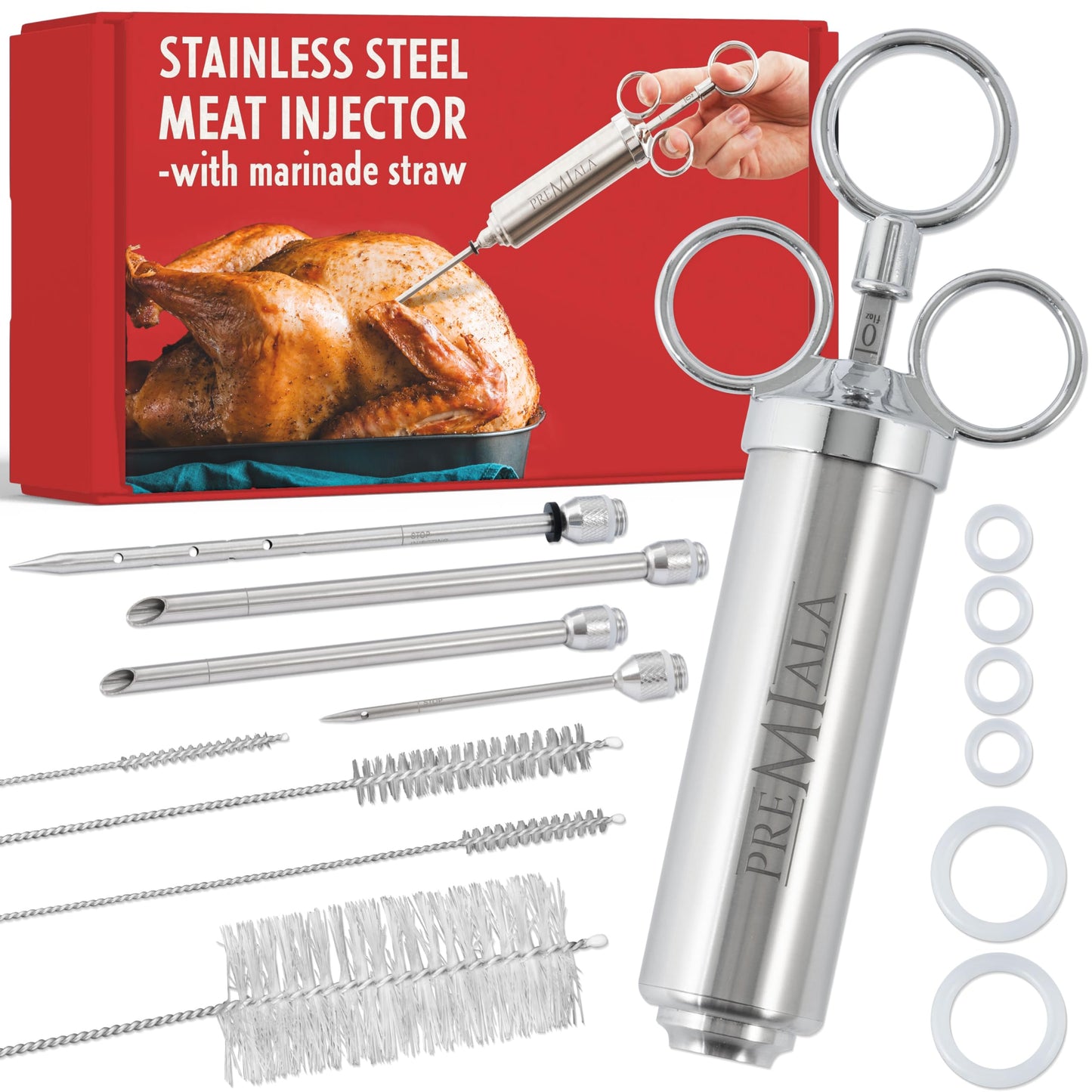 Premiala 304-Stainless Steel Meat Injector - With Marinade Straw! 4 Needles, Spare Orings, Ebook, Spares Available! The Original 2oz Marinade Injector Syringe Kit Creates Juiciest Turkey and BBQ Ever!