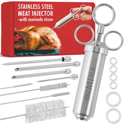 Premiala 304-Stainless Steel Meat Injector - With Marinade Straw! 4 Needles, Spare Orings, Ebook, Spares Available! The Original 2oz Marinade Injector Syringe Kit Creates Juiciest Turkey and BBQ Ever!
