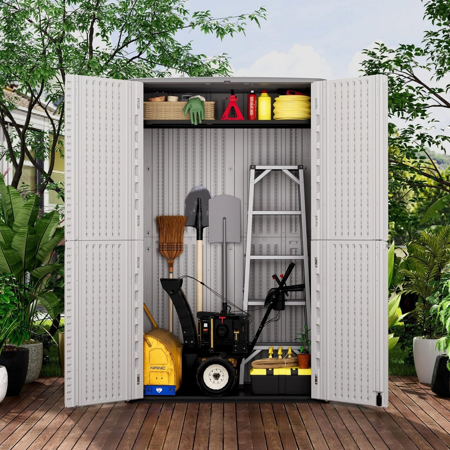 ZZM Large 67 Cu.ft Waterproof Storage Shed, Outdoor Storage Cabinet，Durable Resin Sheds for Patio Furniture, Garden Tools, Pool Accessories, Mower Storage (White)