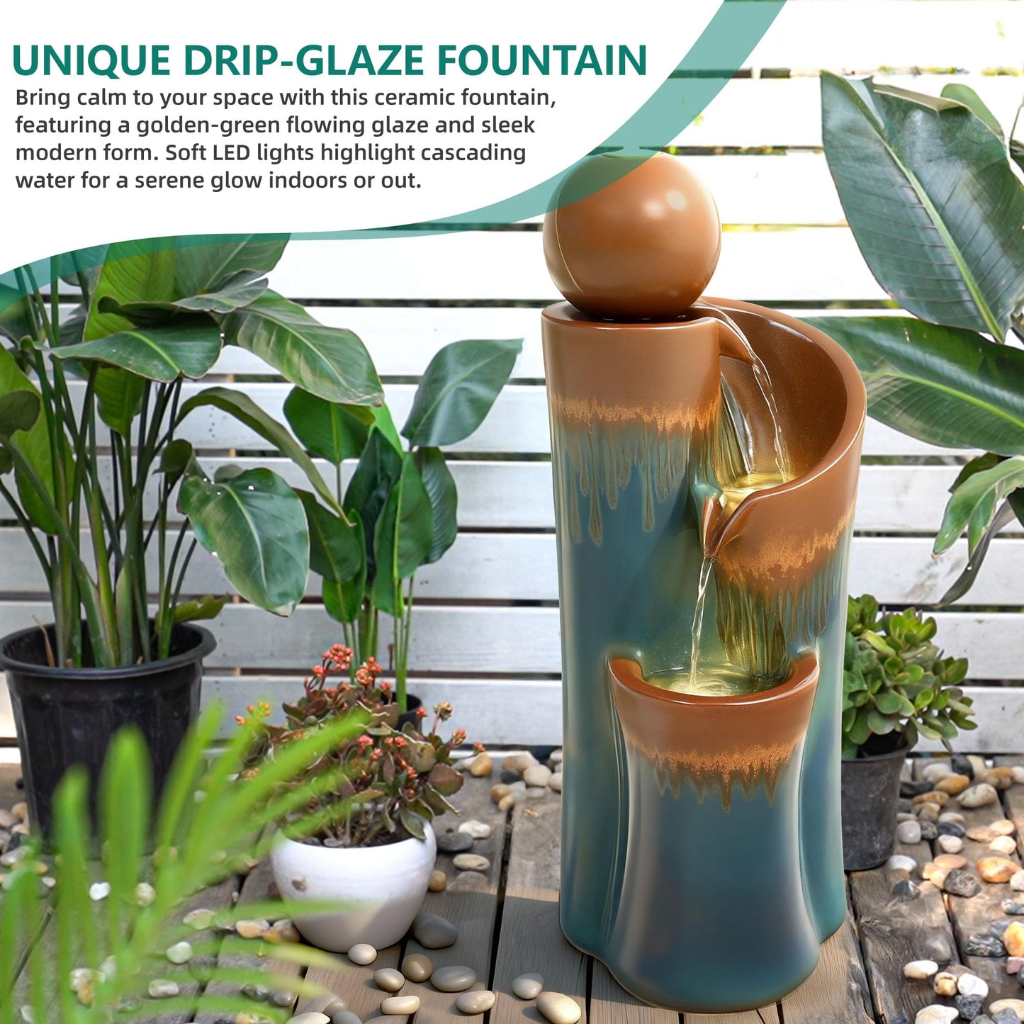 Ultym 32" H Ceramic Outdoor Water Fountain with LED Lights, 3-Tier Cascading Sphere Water Feature, Tranquil Waterfall for Relaxing Garden, Patio, Yard, or Porch, Teal & Copper Drip-Glaze Finish