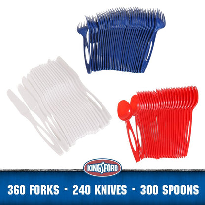 Kingsford Assorted Plastic Cutlery Set, Full Size Disposable Forks Knives & Spoons, Heavy Duty Reusable Dishwasher Safe Utensils for BBQ, Picnics, Parties & Daily Meals, Red White Blue, 75 Ct - 12 Pk