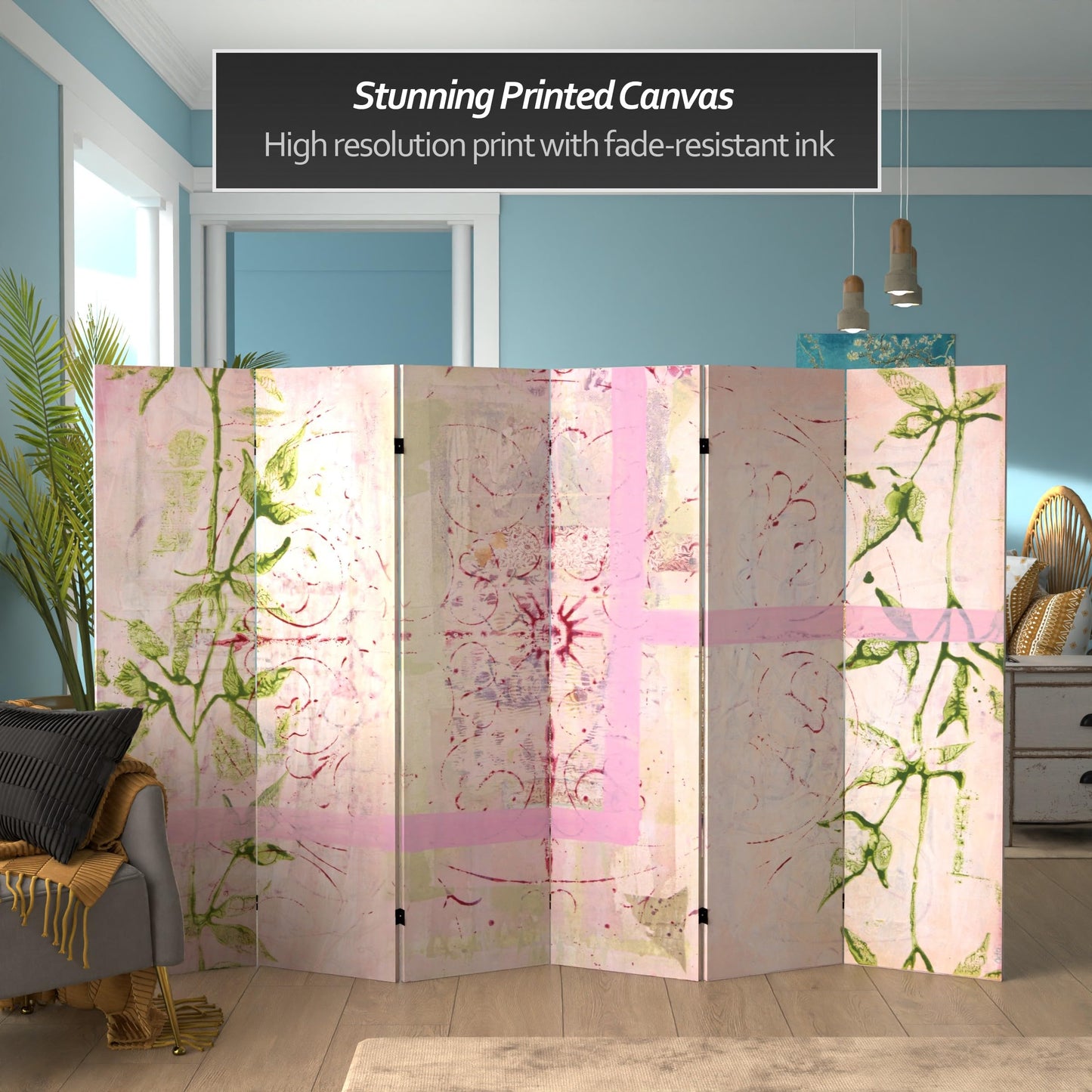 Oriental Furniture 5 1/4 ft. Pink Harmony Canvas Room Divider 6 Panel