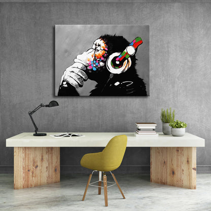 Wieco Art Black Framed Monkey With Headphones Banksy Graffiti Art Abstract Canvas Paintings Prints Animal Canvas Wall Art for Wall Decor and Home decorations Office Decor