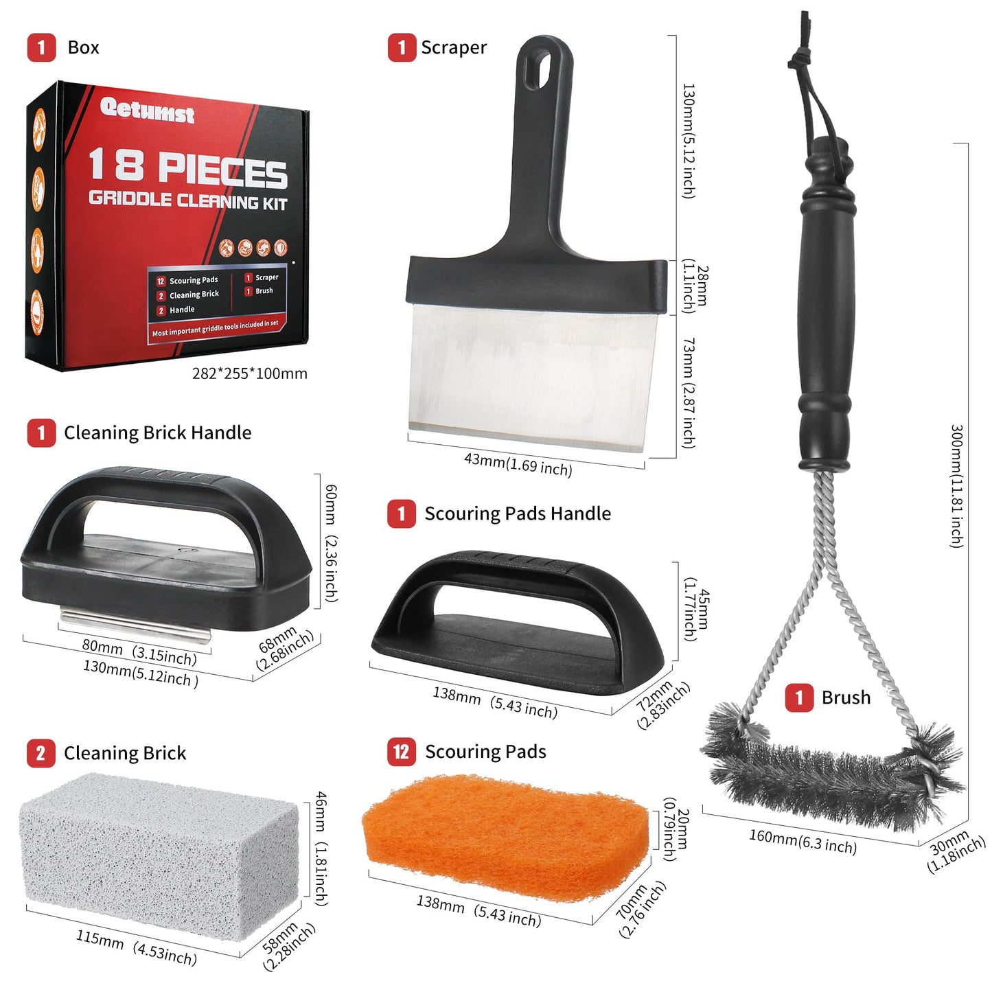 Griddle Cleaning Kit for Blackstone, 18 Pieces Flat Top Grill Cleaning Kit with Durable Scraper, Grill Brush, Cleaning Brick and Scouring Pads, Griddle Accessories Set for Easy Restoration