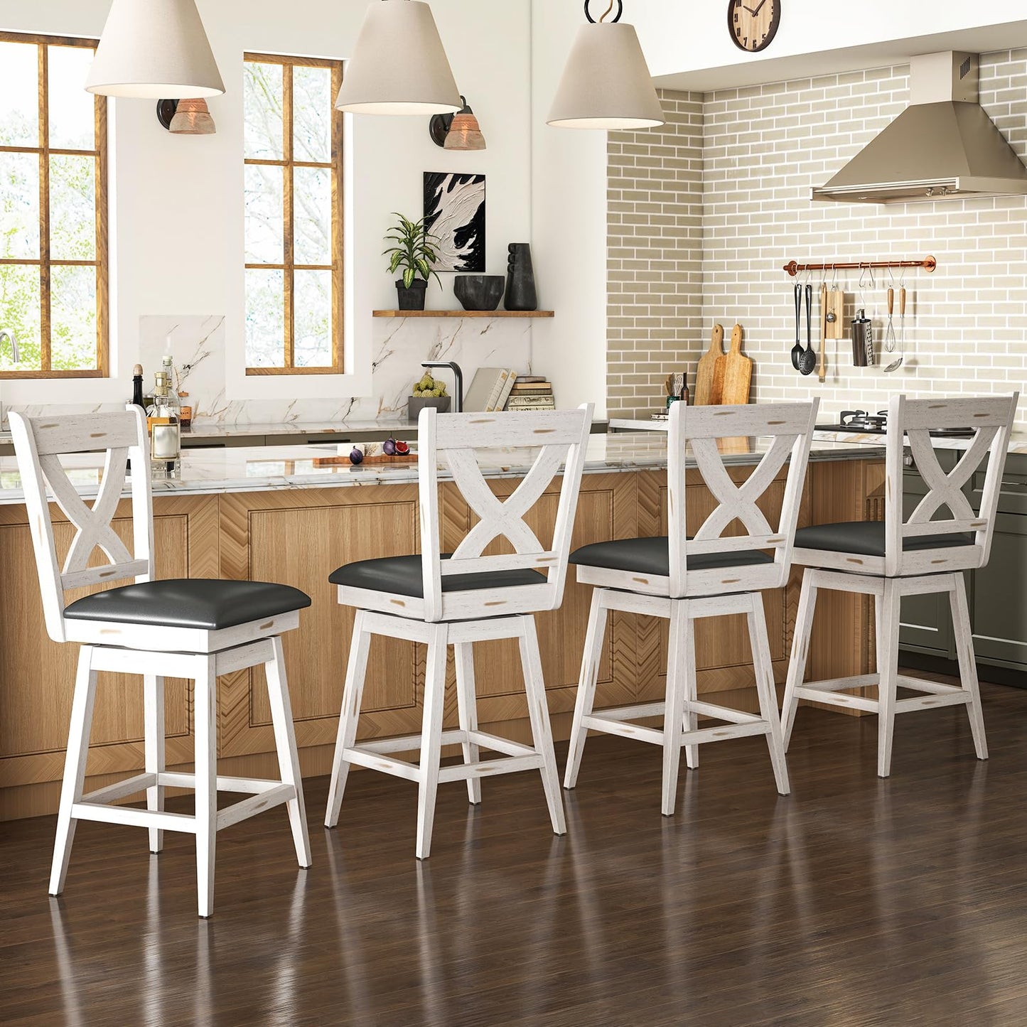 Callales Swivel Bar Stools Set of 4, Farmhouse 24" Counter Height Barstools with X Carved Backs, Wooden Bar Chair with Solid Wood Legs & Footrest for Kitchen Island, Home Bar, Pub. Antique White
