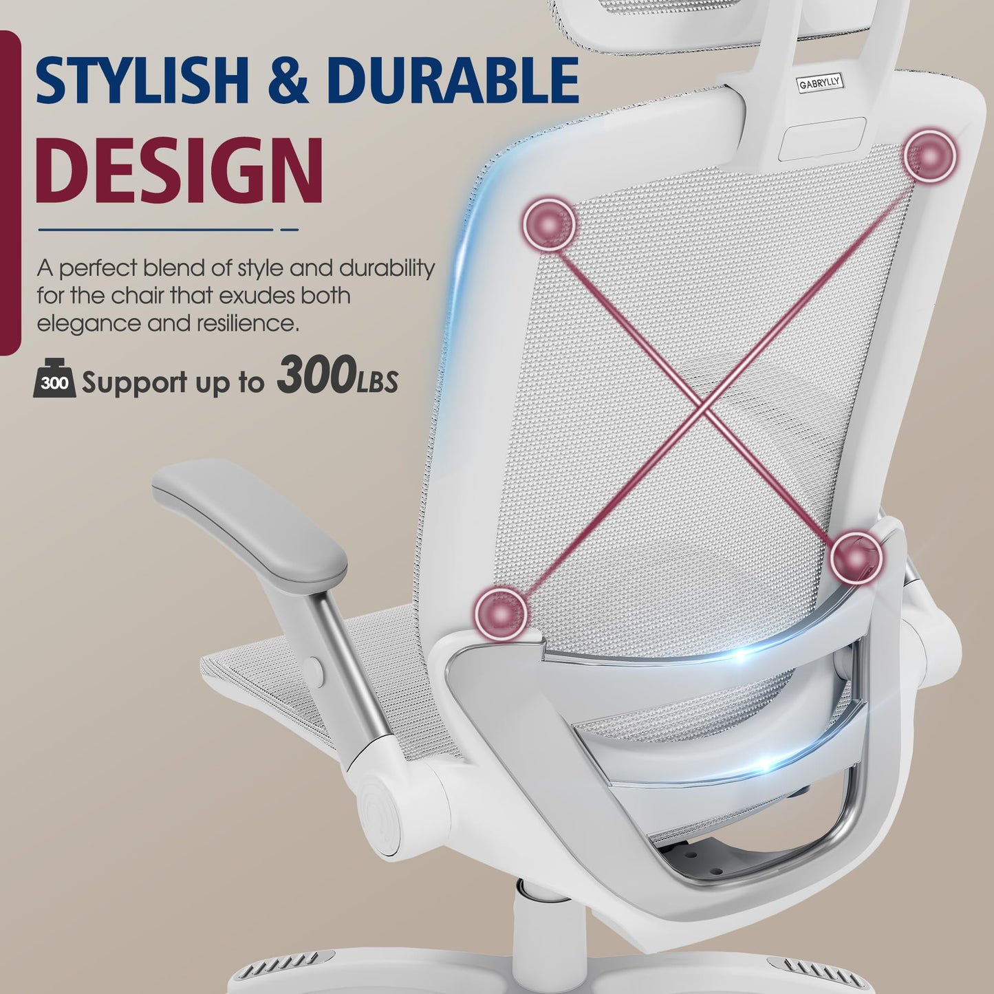 GABRYLLY Ergonomic Office Chair, High Back Home Desk Chair with Headrest, Flip-Up Arms, 90-120° Tilt Lock and Wide Cushion, 300LBS Mesh Chairs for Man Woman, White Task Chair(Grey,GY01WG)