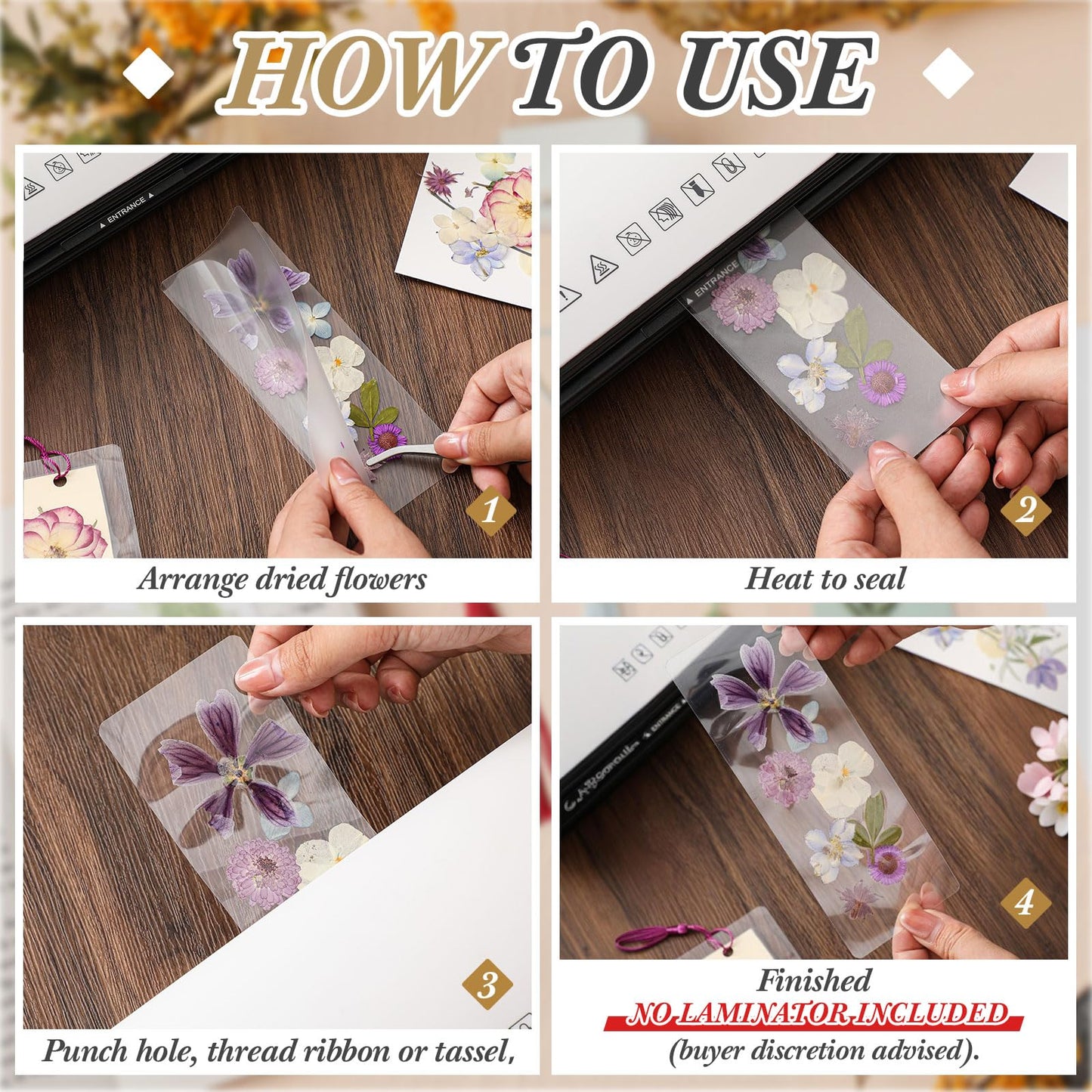Fuyoooo 176 Pcs Dried Flower Bookmark Making Kit, DIY Bookmark Laminating Pouches with Tassels and Puncher DIY Project Gifts for Women Night Out Craft Book Lovers (Purple,3 Size)