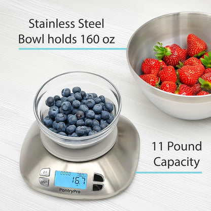 Stainless Steel Digital Kitchen Scale w. Bowl - for Food Coffee Lab - LCD Display gram Ounces lb:oz lb ml - 12 LBS/5.5 KG Capacity - Battery Included - Silver by The Display Guys