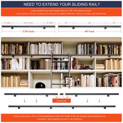 HARDJULAN 87" Telescopic Sliding Library Ladder with Handrail – Lightweight Aluminum Rolling Ladder with Braking Wheels, 3.3FT Hook Ladder Track Kit for Home, Loft, and Bookshelves