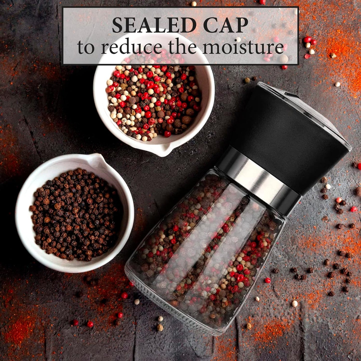 Manual Refillable Pepper Grinder - 6 Oz Glass Grinders for Pepper, Salt & Spices, Adjustable Rotor with 5 Settings