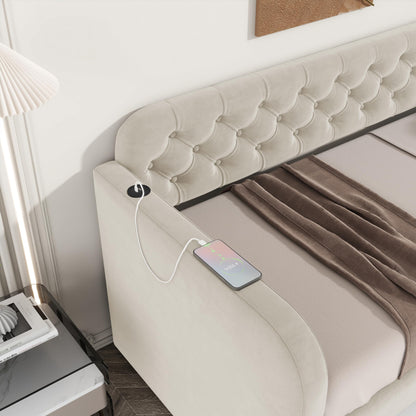 GDFStudio Twin Size Daybed with Trundle, Velvet Upholstered Twin Bed Frame with Headboard & USB Charging Station, Tufted Wood Platform Sofa Bed, Solid Slap Sofa Bed, No Box Spring Needed, Light Beige