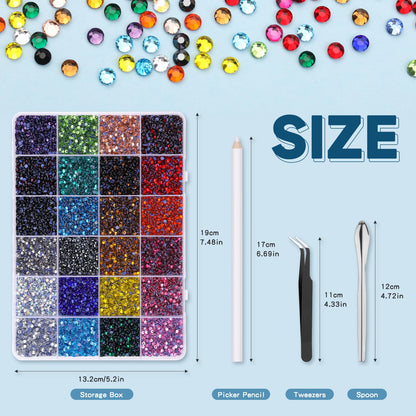 Mnuizu 14400Pcs SS10 Hotfix Rhinestones, 24 Colors Flat Back Round Hot Fix Rhinestones for Hairpin, Crafts Clothes, Bedazzler Kit with Tweezers, Wax Pencil and Spoon