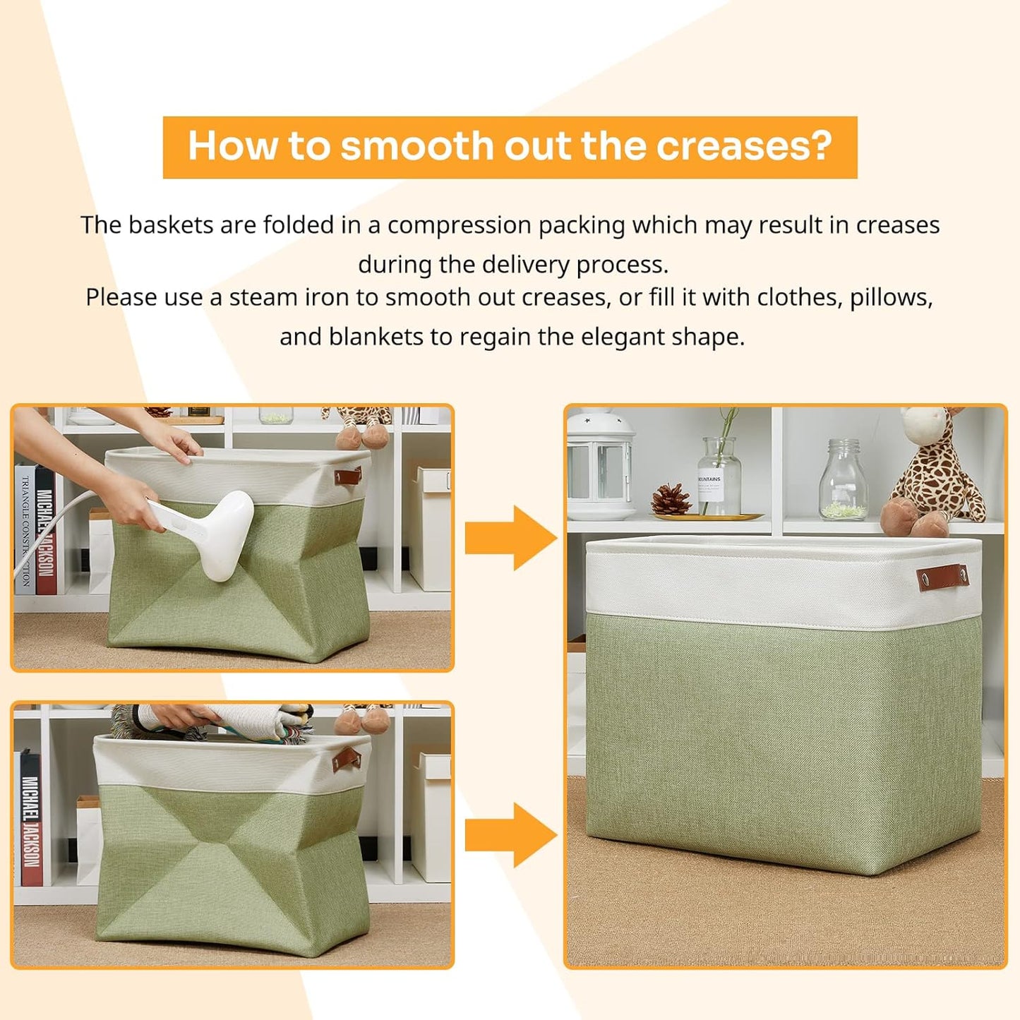 DULLEMELO Large Storage Basket, 17"x12"x15", Fabric Organizer for Clothes, Books, Toys (White & Green)