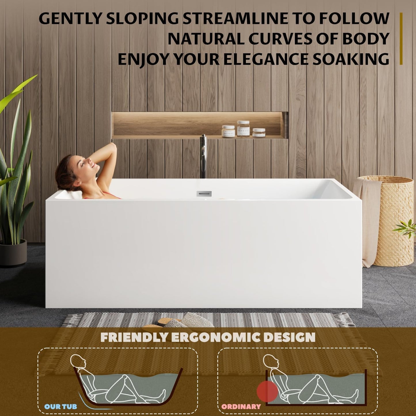 67" Acrylic Free Standing Bathtub, White Contemporary Soaking Tub with Chrome Overflow & Drain, Easy to Install Modern Bath Tub