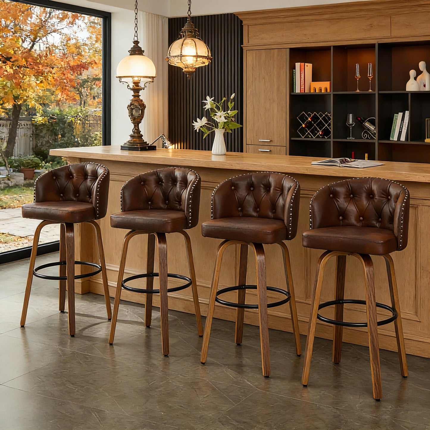 Dorlicecass 26" H Counter Height Bar Stools Set of 4，360°Swivel Bar Stools with Back,Seat Height Upholstered Counter Stools with Wood Legs and Footrest，Leather Farmhouse（Brown）