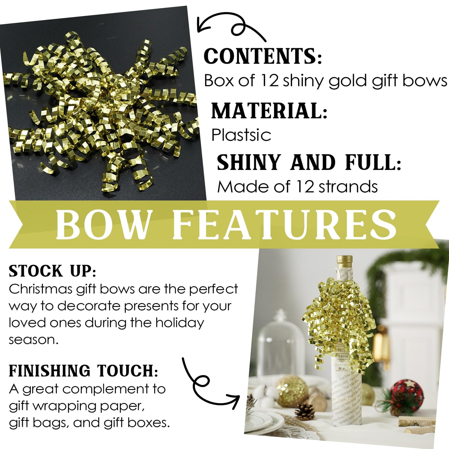 MEEDEE 6 inch Gold Gift Ready Decorative Gift Bows Set with Protective Gift Box – Self-Adhesive Christmas & All-Occasion Bows, Full & Fluffy Shape, Arrives in Perfect Condition (12 Count)