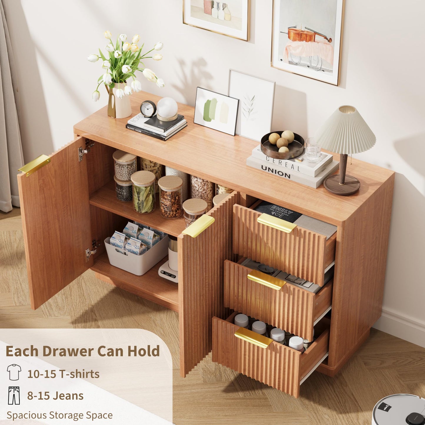 Garvee 47 in Modern Sideboard Buffet Cabinet with Storage, Compact Wood Kitchen Cabinet with 3 Drawers & Shelf, Buffet Table for Dining Room Living Room Apartment, Natural