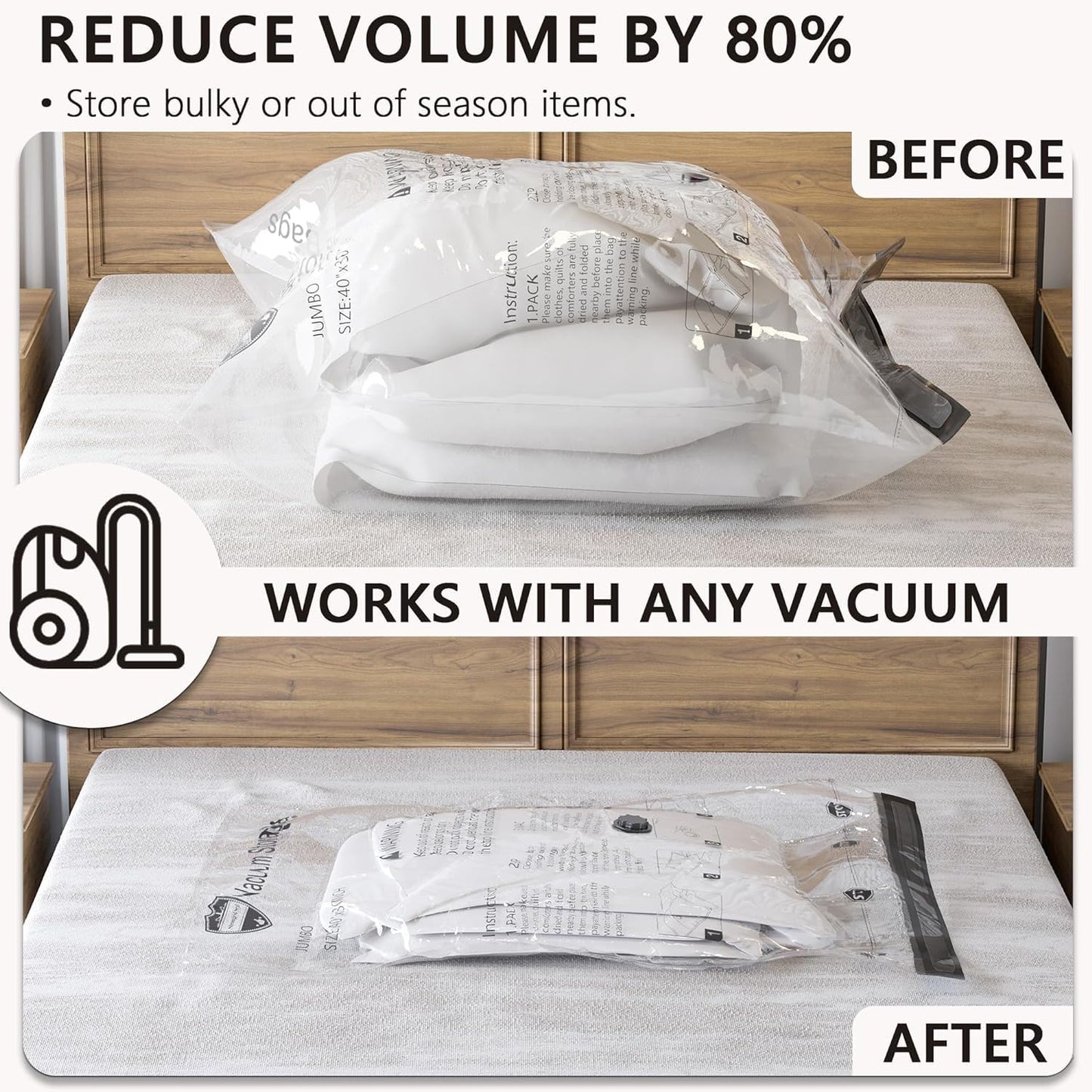 SUOCO 8 Jumbo Vacuum Storage Bags, Vacuum Seal Bags for Clothing, Travel Space Saver Bags for Luggage Clothes Pillows Comforters Blankets Bedding